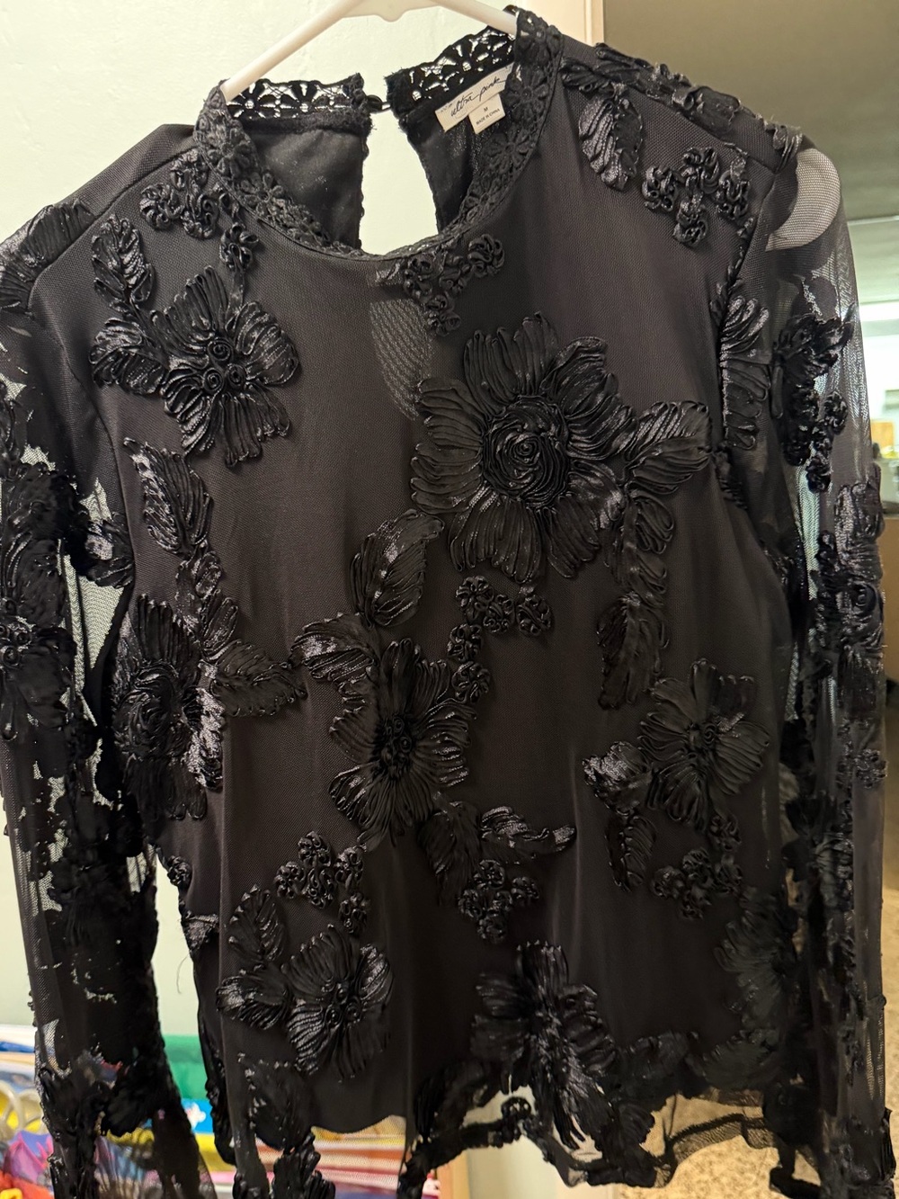 Ultra Pink Black Floral Appliqué Mesh Long Sleeve Top